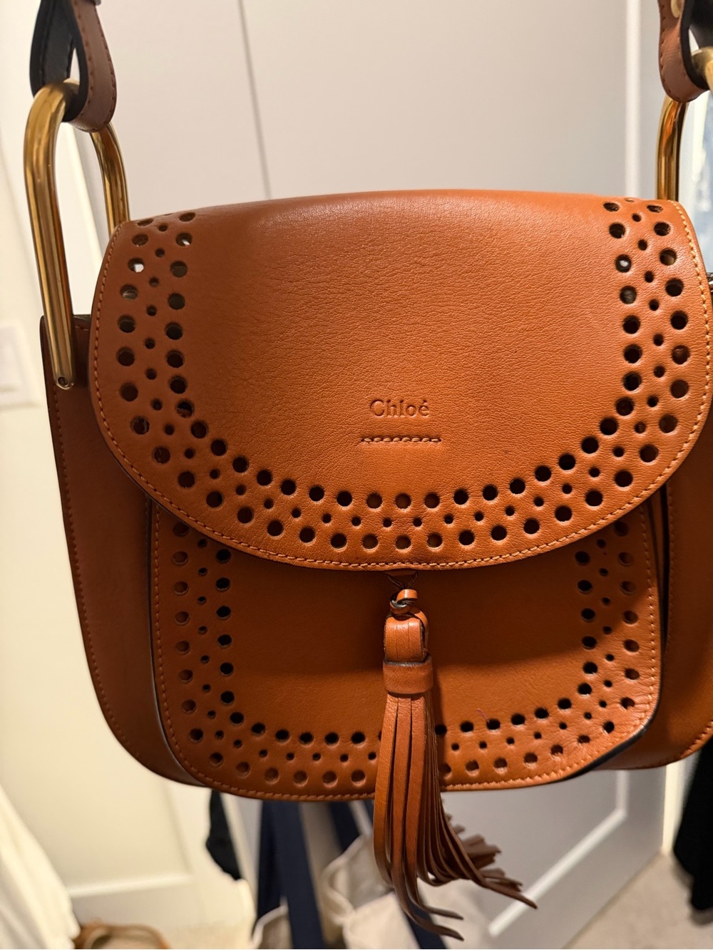 Chloe Brown Leather Perforated Saddle Bag with Tassel